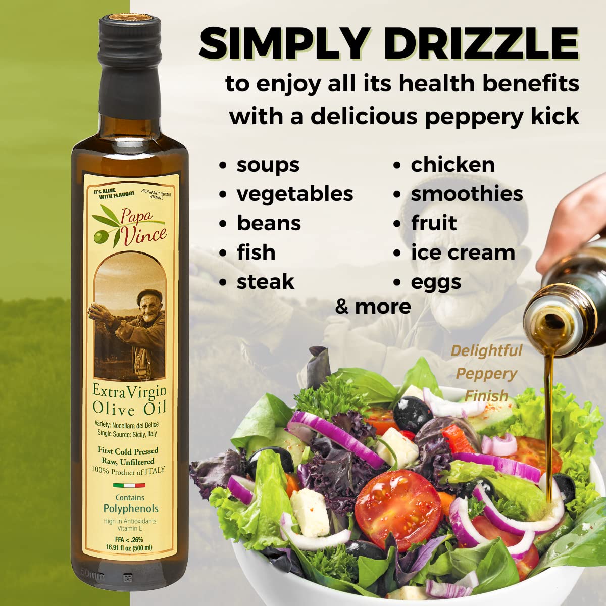 Papa Vince Extra Virgin Olive Oil, First Cold Press, 16.91 Fl Oz, Polyphenol Rich, Unrefined, No Pesticides, No GMO, Sicily, Italy