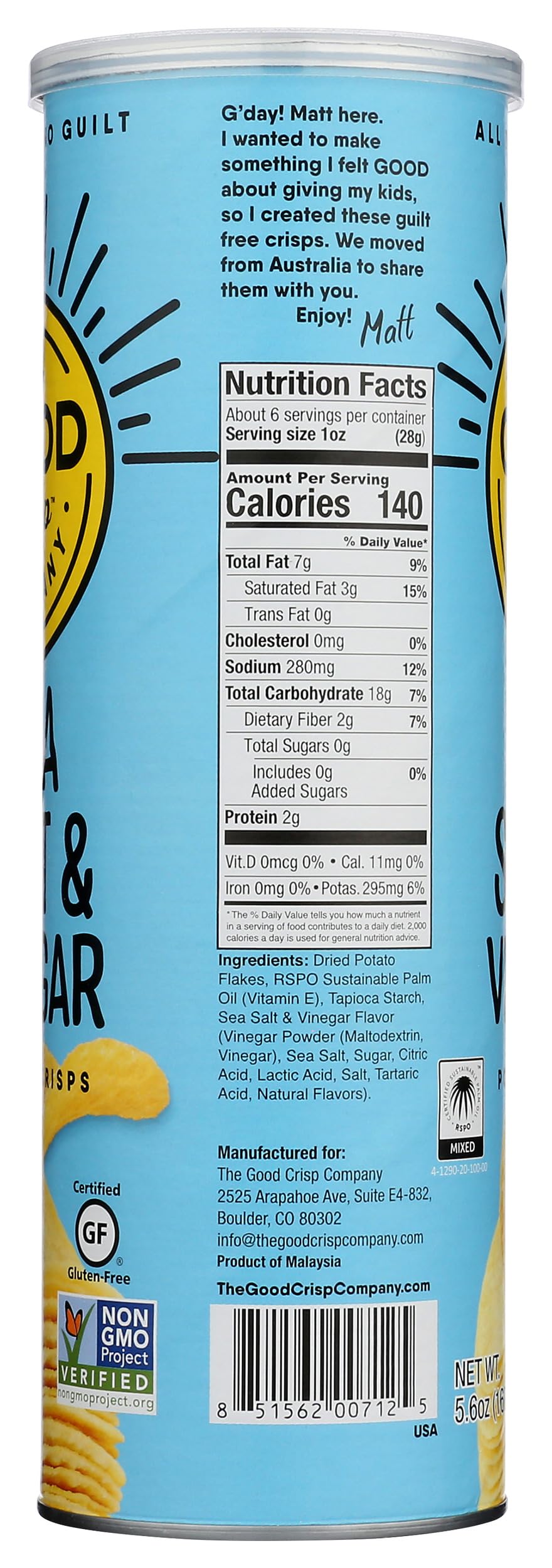 The Good Crisp Company, Potato Crisps Sea Salt Vinegar, 5.6 Ounce