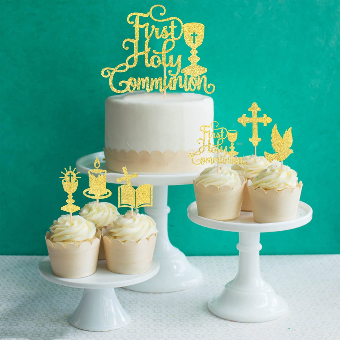ZHUOWEISM Cupcake Toppers, 25 PCS Gold Glitter First Communion Picks, Bamboo, Small, Design 6