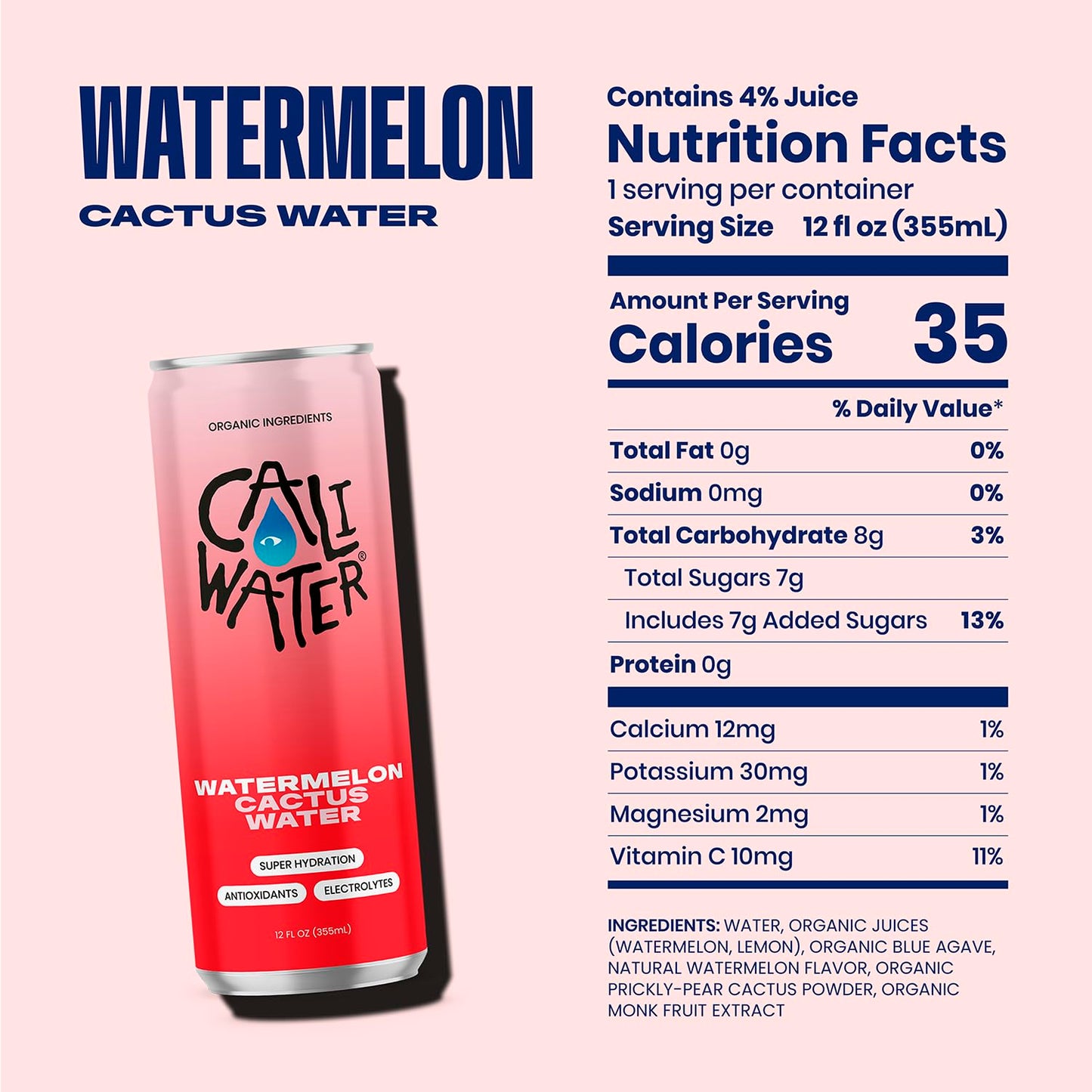 CALIWATER Organic Cactus Water, Watermelon Flavor, 12 Fl Oz (Pack of 12), Low Sugar Hydration Drink