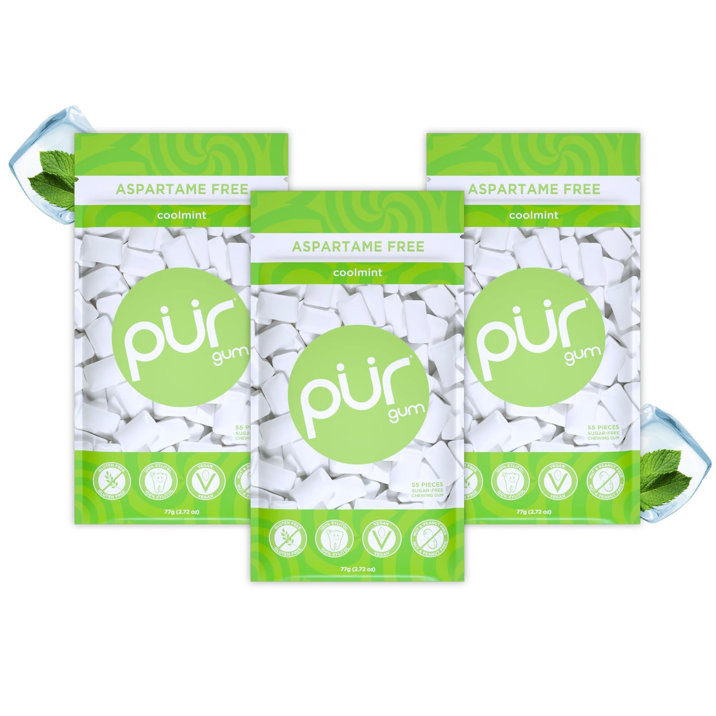 PUR Gum Aspartame Free Chewing Gum, 100% Xylitol, Sugar Free, Vegan, Coolmint, 55 Count (Pack of 3)