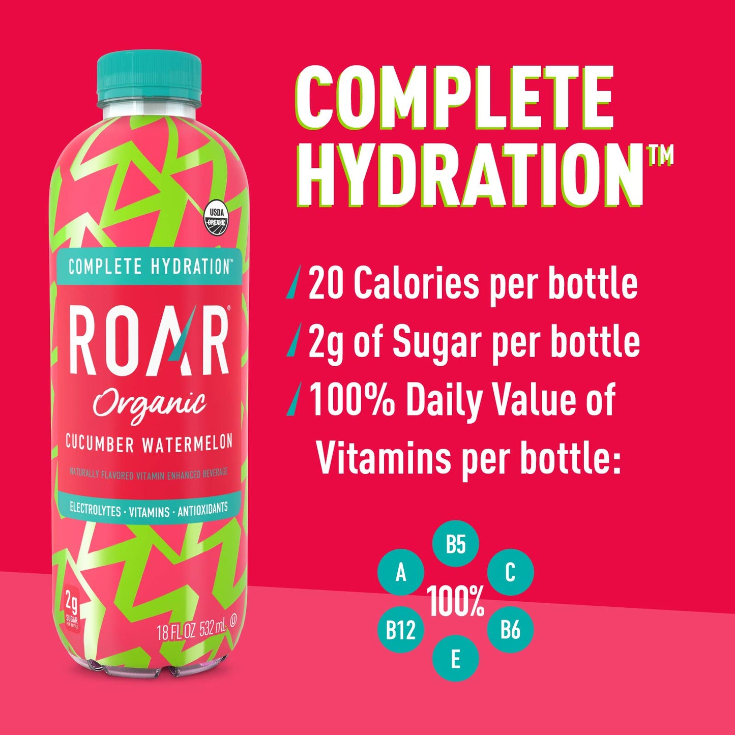 Roar Organic Electrolyte Infusions - Usda Organic - Cucumber Watermelon - With Antioxidants, B Vitamins, Low-Calorie, Low-Sugar, Low-Carb, Coconut Water Infused Beverage 18 Fl Oz (Pack Of 12)
