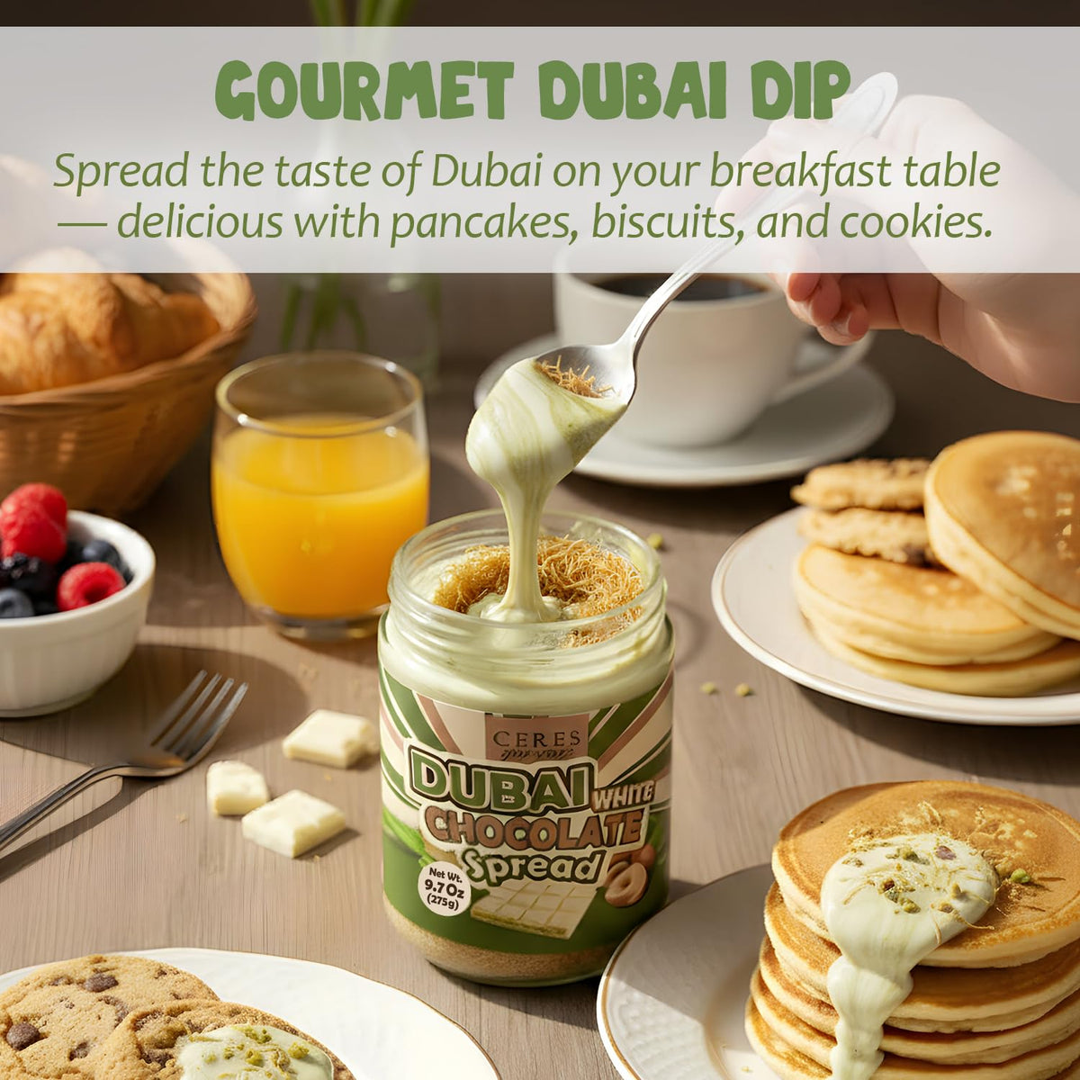 Dubai Spreadable White Chocolate - Pistachio Spread with Roasted Phyllo, Gourmet Breakfast Chocolate - 9.7 oz