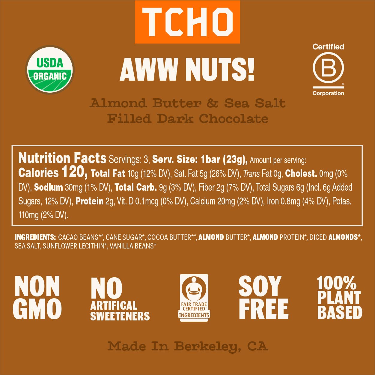 Tcho Aww Nuts! 75% Dark Chocolate Bars (10 Pack) | Plant Based, Organic & Fair Trade, | Non Gmo, Non-Dairy, Vegan Chocolate, Soy