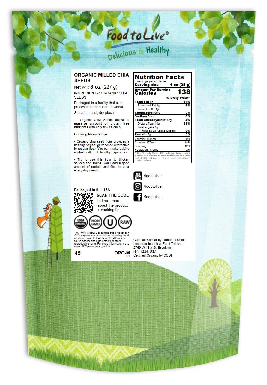 Organic Chia Seeds Powder, 8 Ounces - Non-Gmo Meal, Ground Raw Chia Seeds, Cold Milled, Kosher, Vegan, Bulk. Rich In Omega-3, Fi