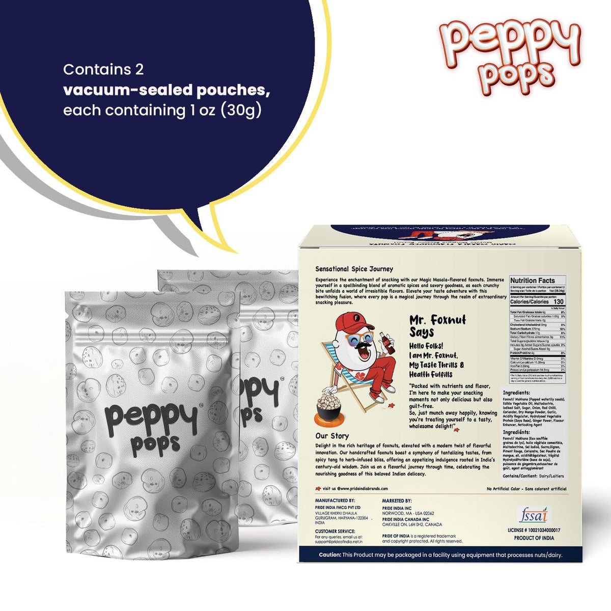 Peppy Pops | PACK OF 6, Magical Masala Roasted Foxnuts 2 oz (57 gm) - Crunchy Makhana Snack, Vegan Gluten Free Protein Snack Pac