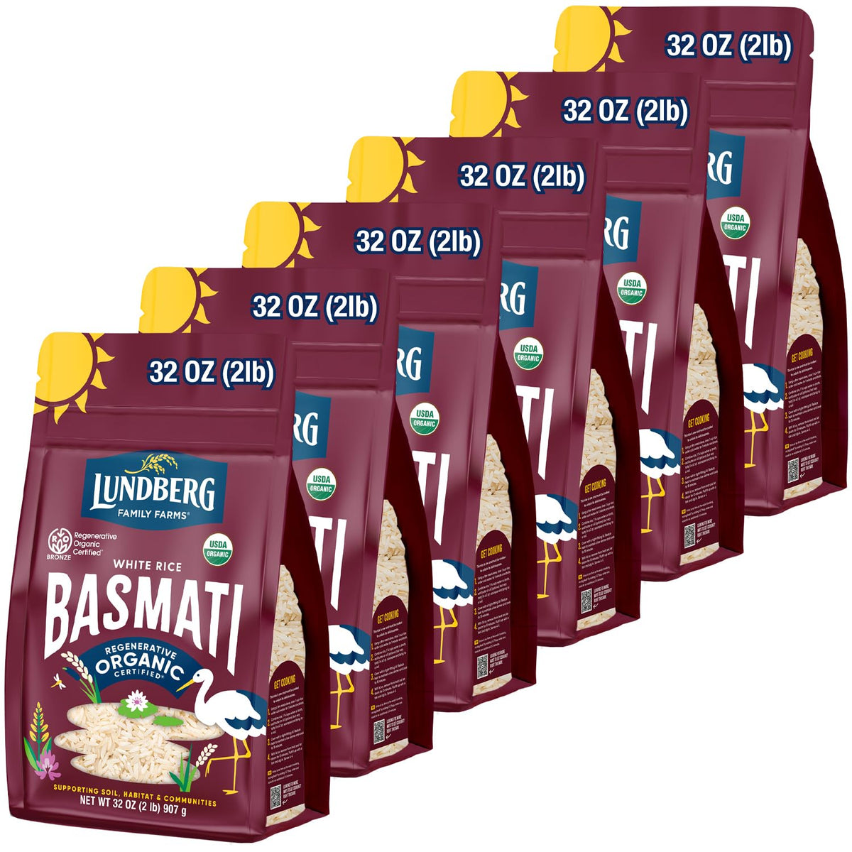 Lundberg White Basmati Rice, Regenerative Organic Certified, 6-Pack - Non-Sticky, Fluffy & Aromatic Long-Grain Rice, Responsibly