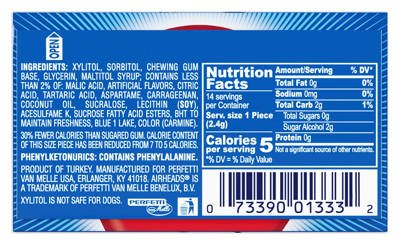Airheads Chewing Gum, Blue Raspberry Flavor, Holiday Christmas Stocking Stuffers For Adults & Kids, Sugar Free, Xylitol, 14 Stic