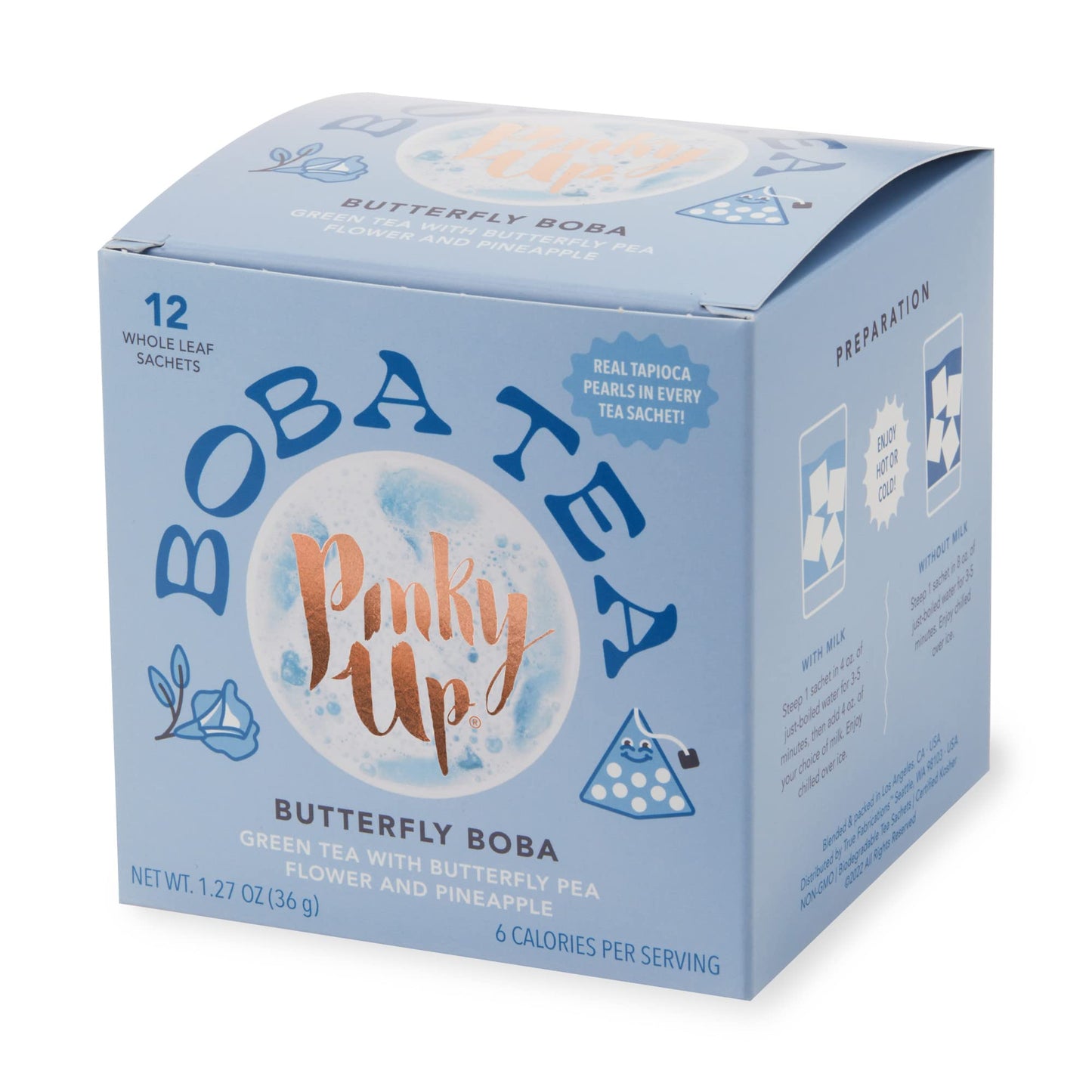 Pinky Up Butterfly Boba Tea Sachets - Low Calorie Whole Leaf Green Tea Bubble Tea - Boba Gift 12 Biodegradable Tea Bags