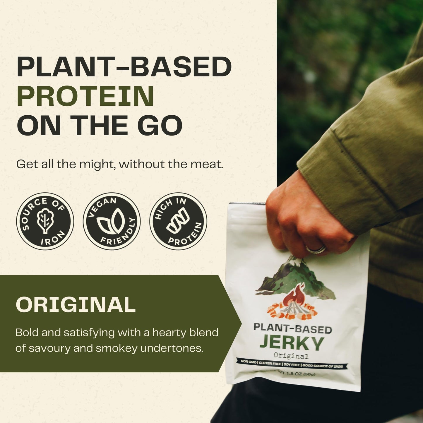Off-Piste Original Plant-Based Jerky, 1.8Oz. - High Protein Healthy Snacks Vegan Jerky For Recovery, School, Office, 23G Protein