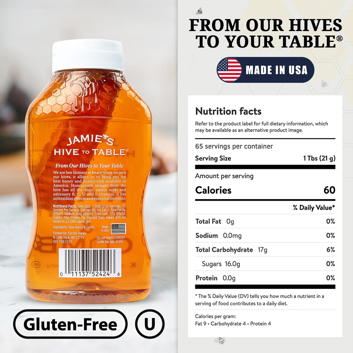 JAMIES HIVE TO TABLE Raw Unfiltered Honey & Honeycomb - 24oz Squeeze Bottle, 2 Pack