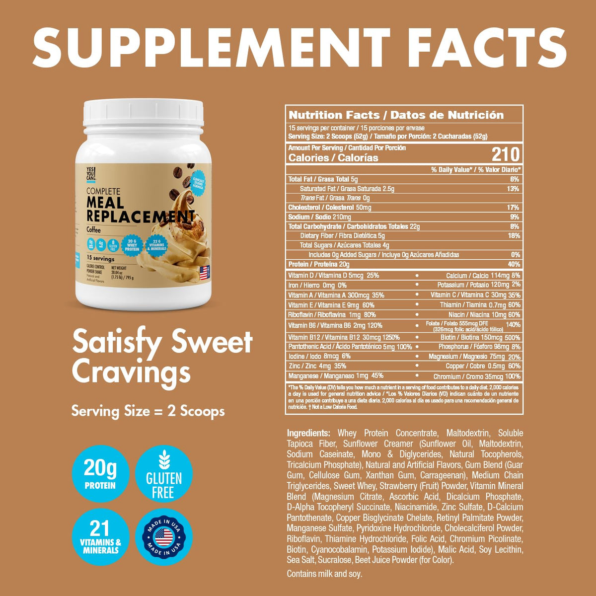 Yes You Can! Meal Replacement Shake - 30 Servings, 20g Protein, 0g Added Sugars, Coffee Flavor
