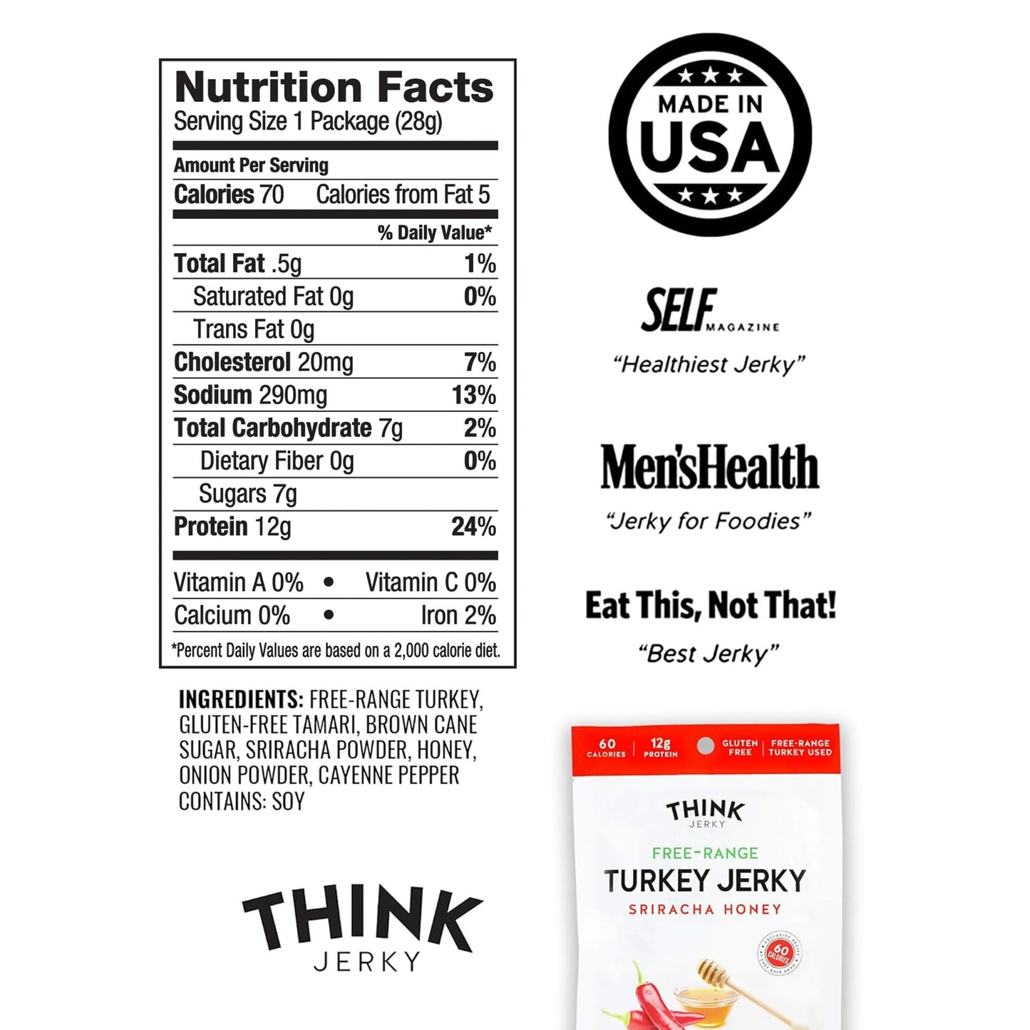 Think Jerky Sriracha Honey Turkey Jerky, High Protein, Gluten Free, Low Calorie, 1 oz Bags, 12 Pack