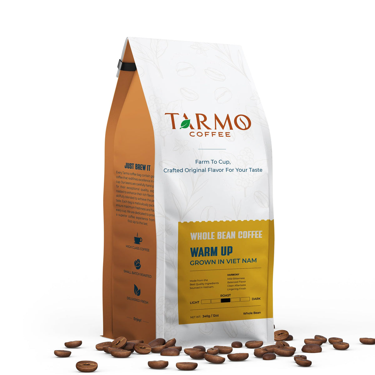 TARMO COFFEE Low Acid 100% ROBUSTA Whole Bean Coffee, Specialty Vietnamese, Medium Roast, 12 Oz Bag