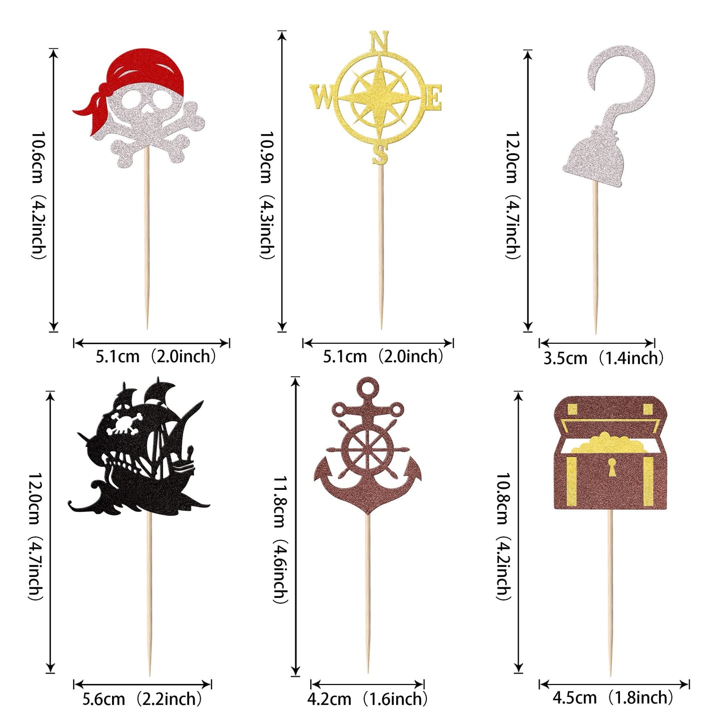 YCTHUNFISH Pirate Cupcake Toppers - 24 Pack Glitter Compass Skull & Ship Picks for Baby Shower & Kids Birthday Party Decorations