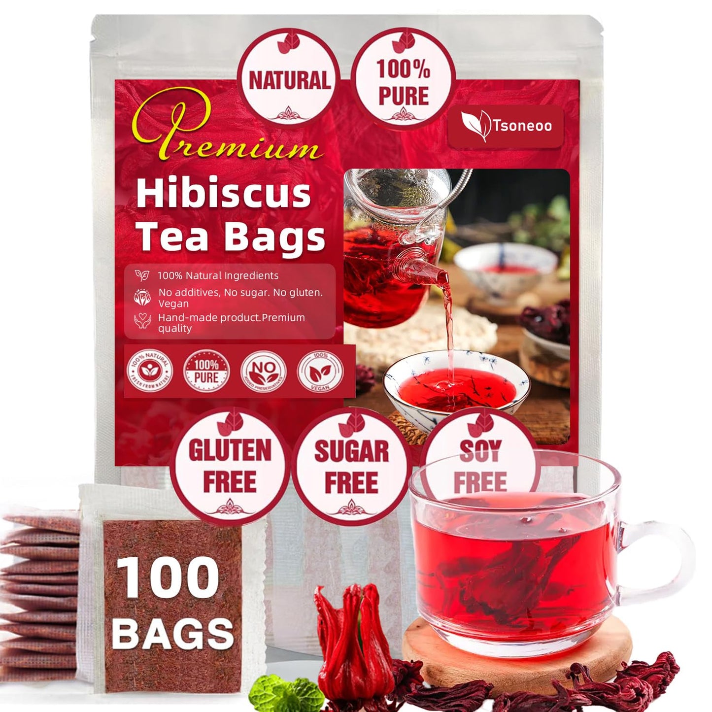 tsoneoo Premium Hibiscus Flowers Tea Bags - 100% Natural Herbal Tea - Vegan Friendly - No Sugar, Caffeine, or Gluten - 20 Count