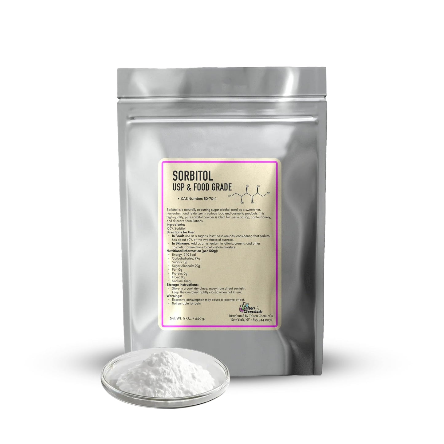 Talsen Chemicals Pure Sorbitol Powder - 16 Oz - Low Calorie Sweetener for Baking and Skincare
