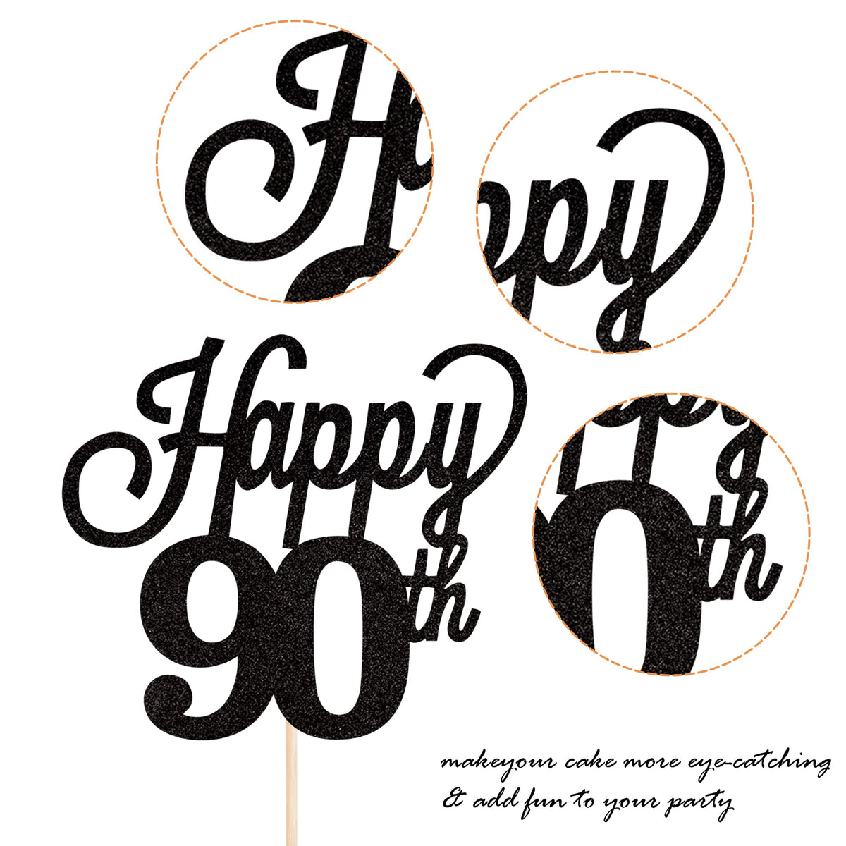 YCTHUNFISH 90th Birthday Cake Topper Black Glitter Bamboo Decoration for 90th Anniversary Party Supplies
