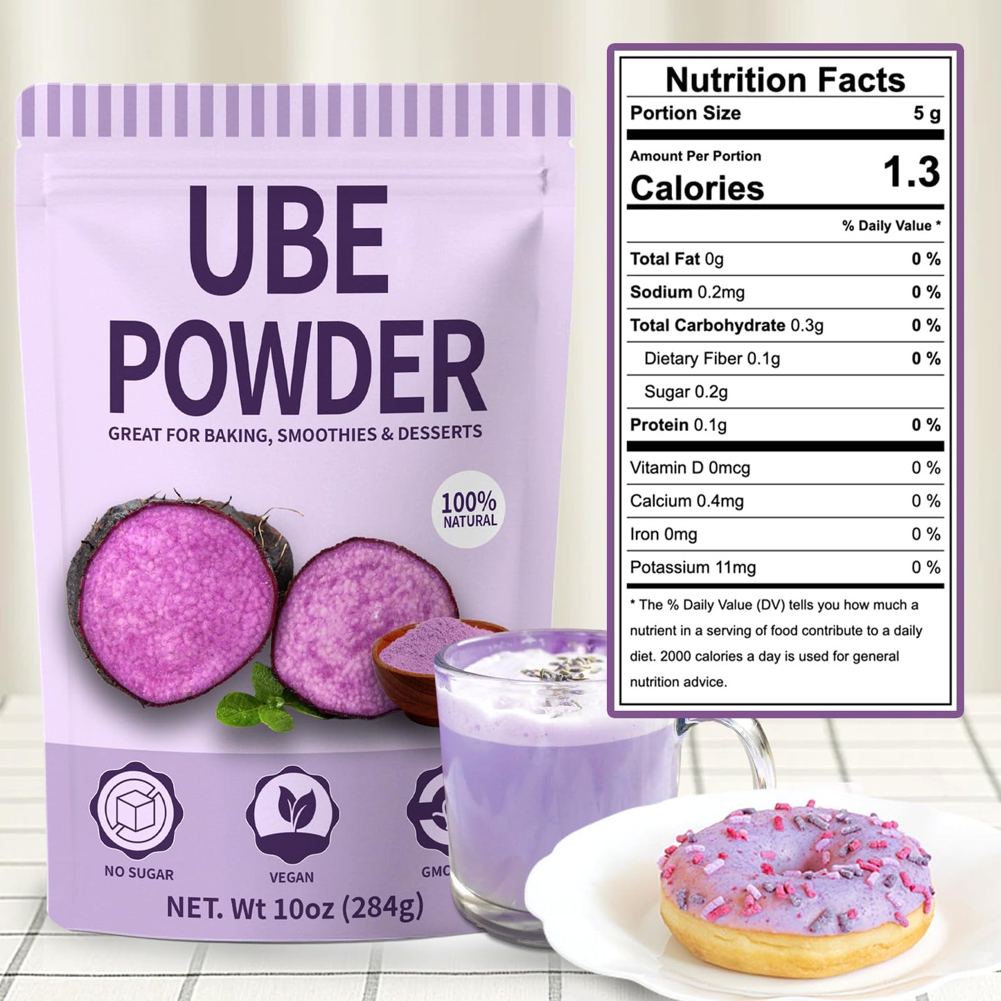 10oz Pure Natural Purple Ube Powder, Yam Powder for Baking, Purple Sweet Potato Food Coloring Powder, No Sugar, Vegan & Sourced