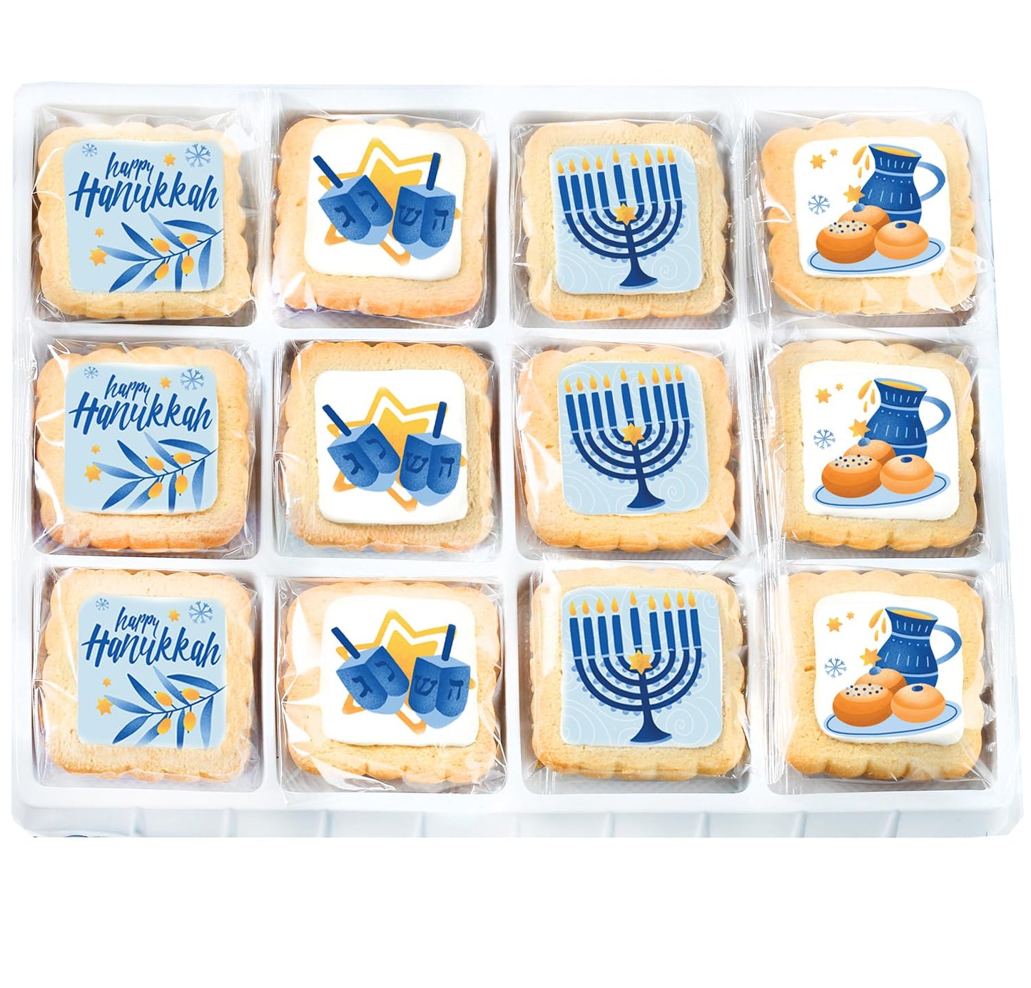 Happy Hanukkah Cookies Gift Basket Kosher For Men Women Kids | Jewish Holiday Gourmet Corporate Food Gift Individually Wrapped | 12 Decorated Sugar Cookies Menorah Donuts Dreidels