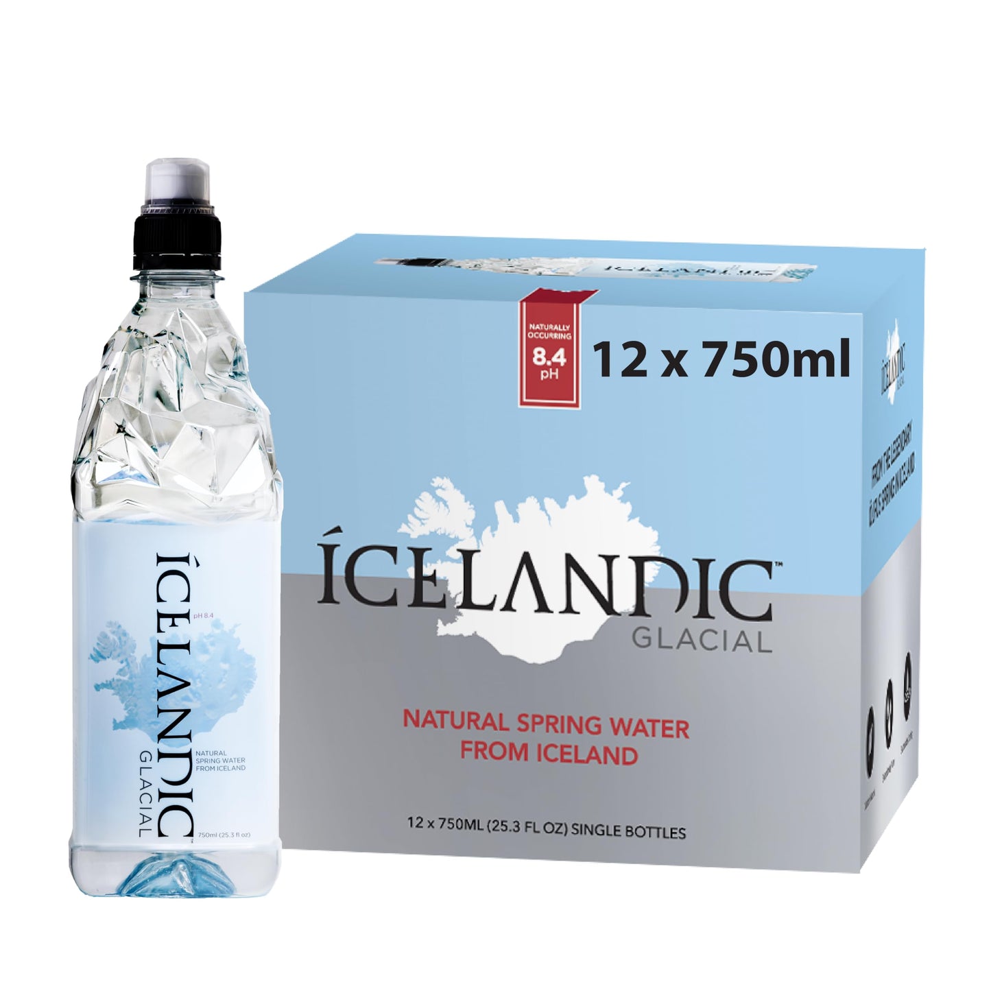 Icelandic Glacial Natural Spring Alkaline Water, 750 ml, Clear, Pack of 12, Model 893919001509