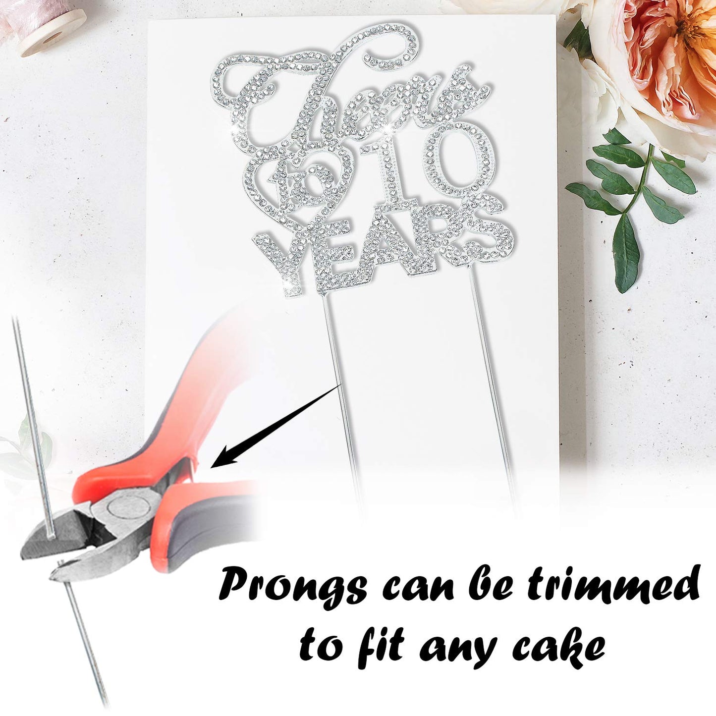 Bling Crystal Cheers To 10 Years Cake Topper - Best Keepsake 10Th Birthday Or Anniversary Decor Party Decorations Silver