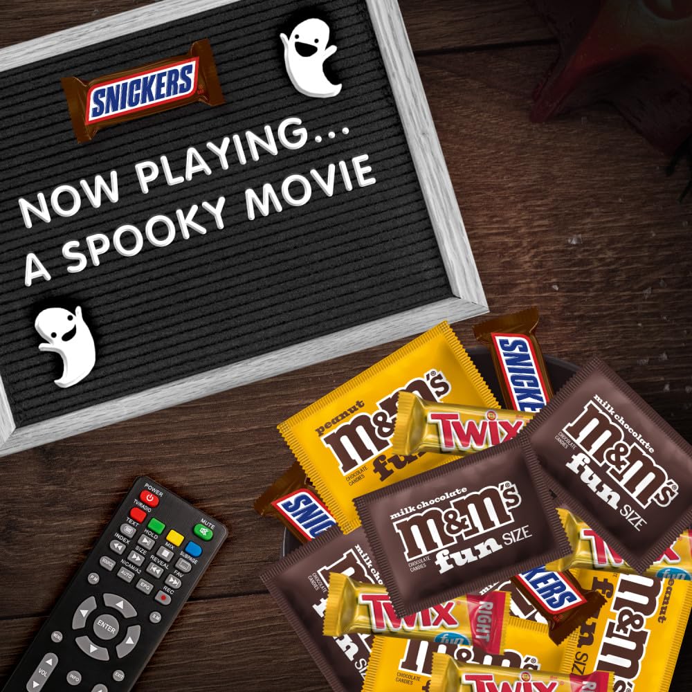 M&MS Fun Size Milk Chocolate  M&MS Fun Size Peanut  SNICKERS Fun Size & TWIX Fun Size Caramel Cookie Milk Chocolate Individually Wrapped Trick or Treat Halloween Candy  35 Ct  19.37 Oz Bulk Bag
