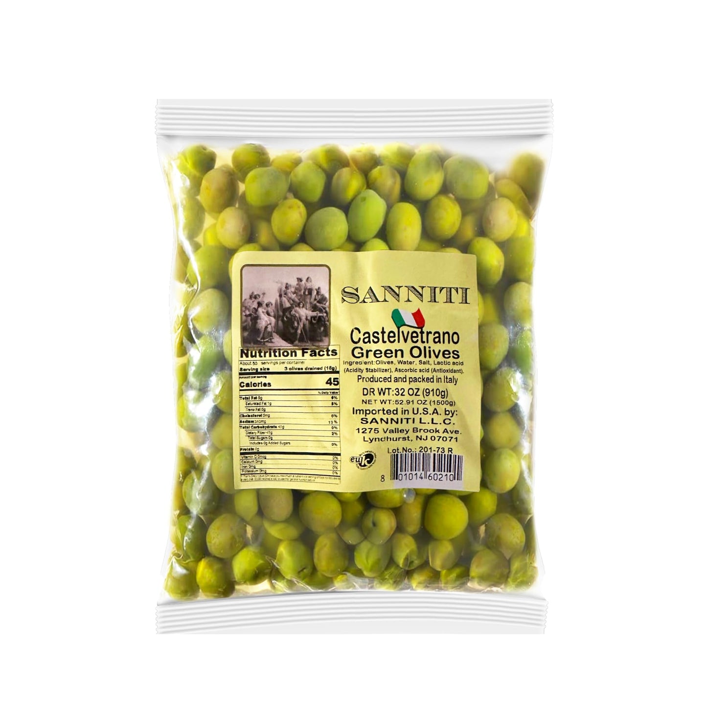Sanniti Castelvetrano Green Olives | Sicilian Castelvetrano Olives In A Bag | Imported From Italy | Dr Wt 32 Oz (910G)  Net Wt 52.91 Oz (1500G) (Whole)