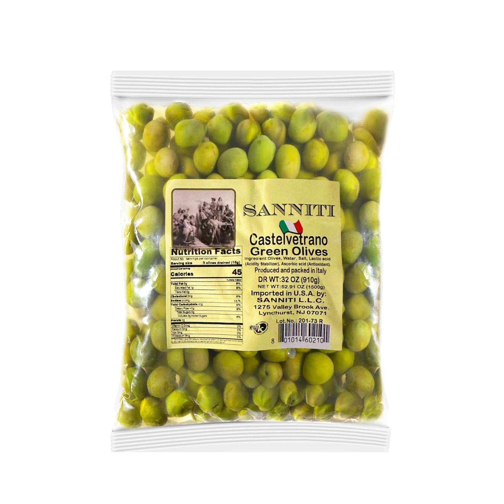 Sanniti Castelvetrano Green Olives | Sicilian Castelvetrano Olives In A Bag | Imported From Italy | Dr Wt 32 Oz (910G)  Net Wt 52.91 Oz (1500G) (Whole)