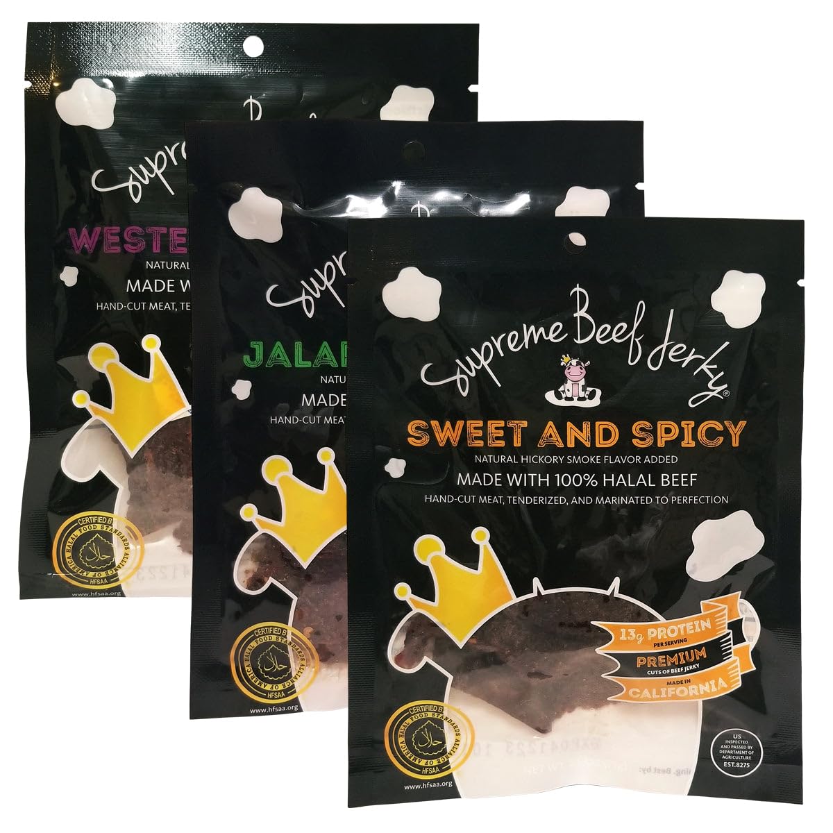 Supreme Beef Jerky, Halal Beef Jerky, Zabiha Halal Certified Beef, Handcrafted Gourmet Meat Snacks, 2.5 oz, Sweet and Spicy, Jal