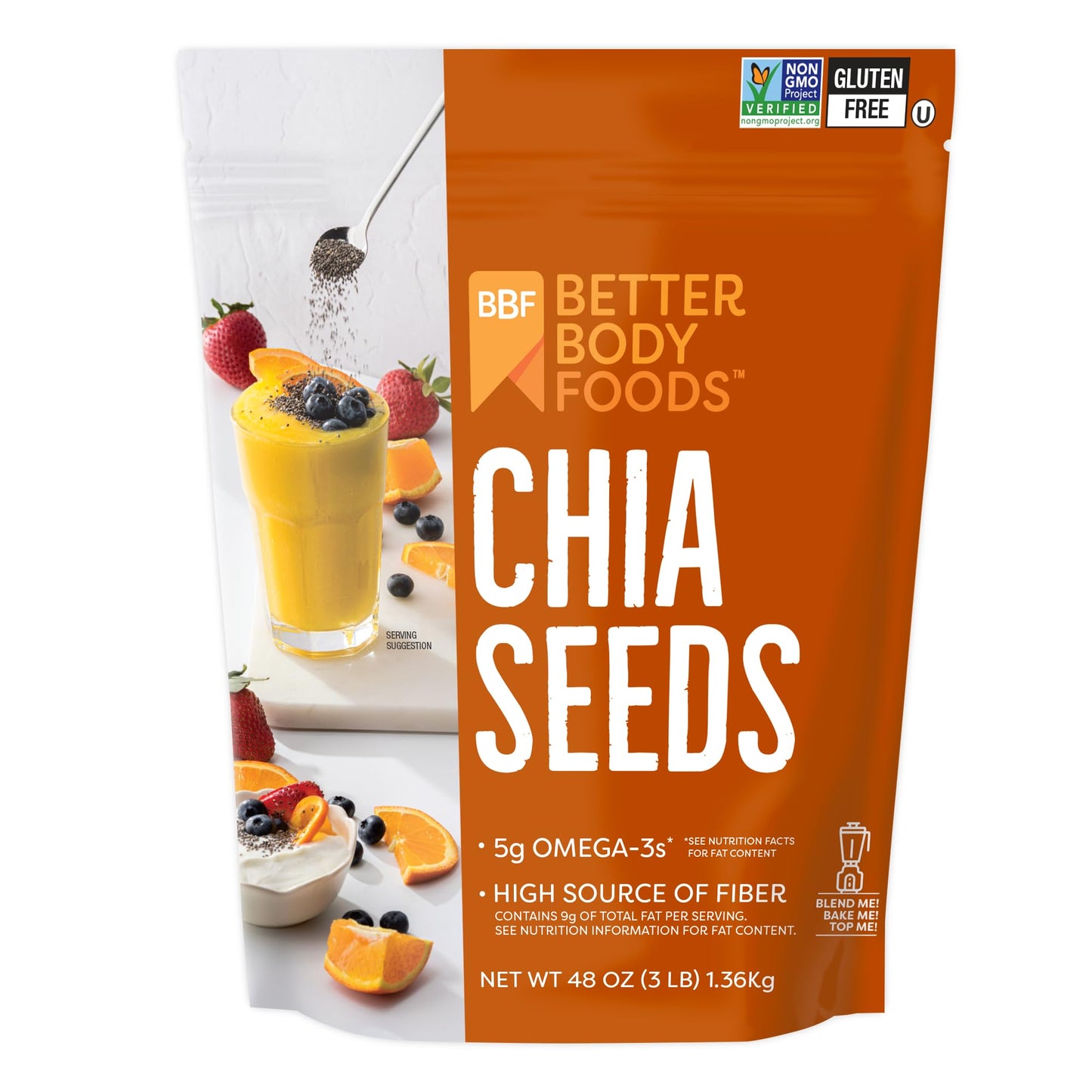 BetterBody Foods Chia Seeds 3 lbs, 48 Oz, with Omega-3, Non-GMO, Gluten Free, Keto Diet Friendly, Vegan, Good Source of Fiber, A