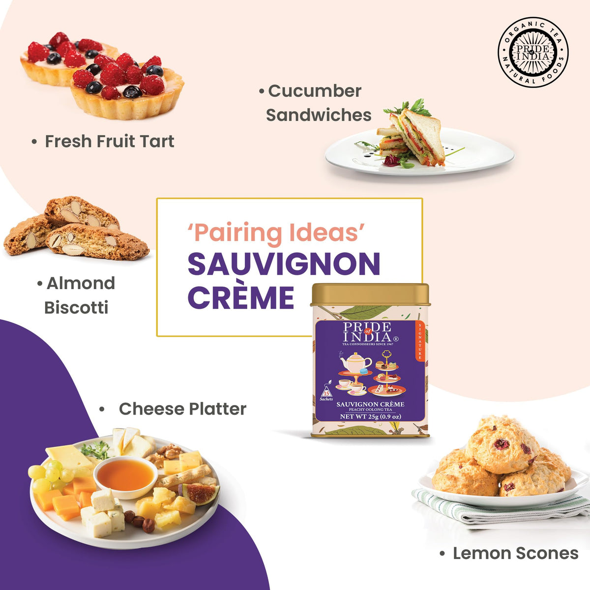 Pride Of India | Pack Of 6 - Sauvignon Crème Peachy Oolong Tea | 15 Pyramid Full Leaf Individually Wrapped Tea Bags | Fruity, Creamy & Citrusy Taste | Refreshing & Relaxing Experience | Caffeine