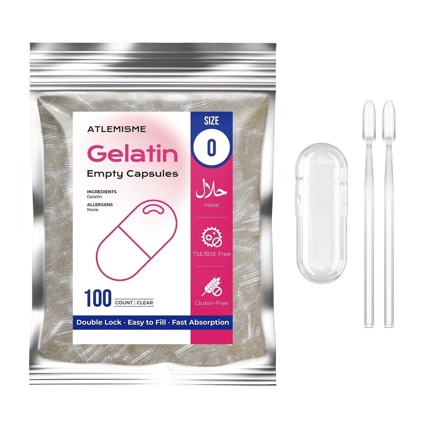 ATLEMISME Empty Gelatin Capsules Size 0 - Clear - 100 Count - Kosher & Halal