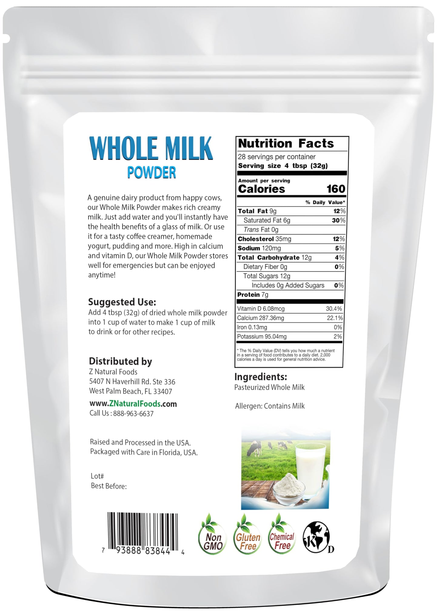 Z Natural Foods Whole Milk Powder - Non-GMO, Gluten-Free, 32 oz, White