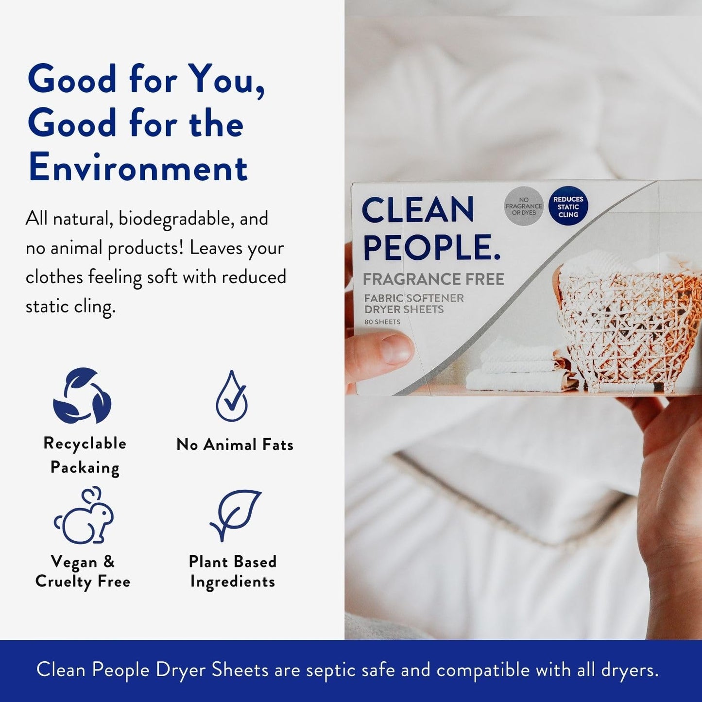 The Clean People Fabric Softener Sheets, Unscented Dryer Sheets, Vegan, 120 Count - Softens & Reduces Static Cling