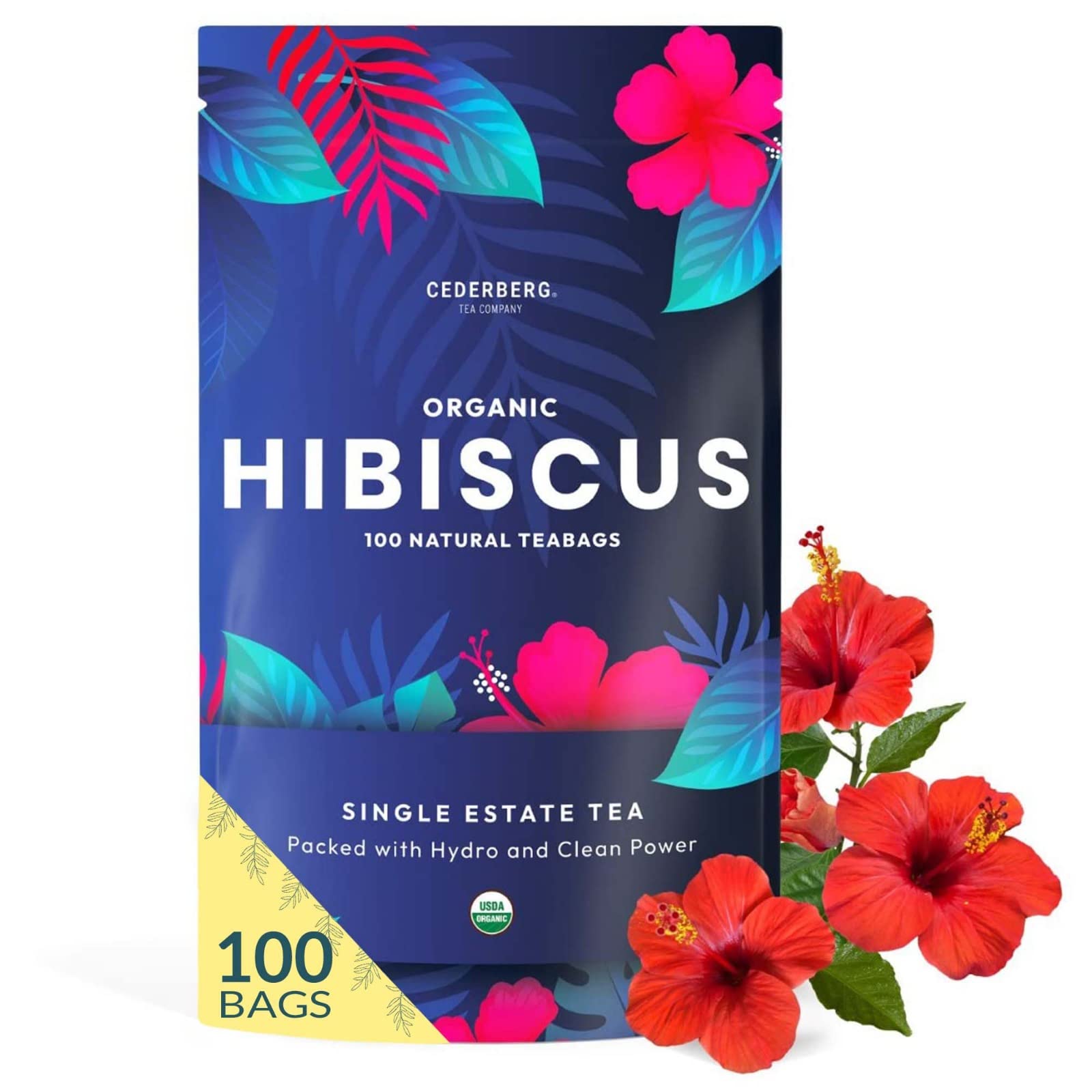 Cederberg Organic Hibiscus Tea - 100 Tea Bags, Eco-Friendly, Non-GMO, Caffeine-Free, Zero Sugar