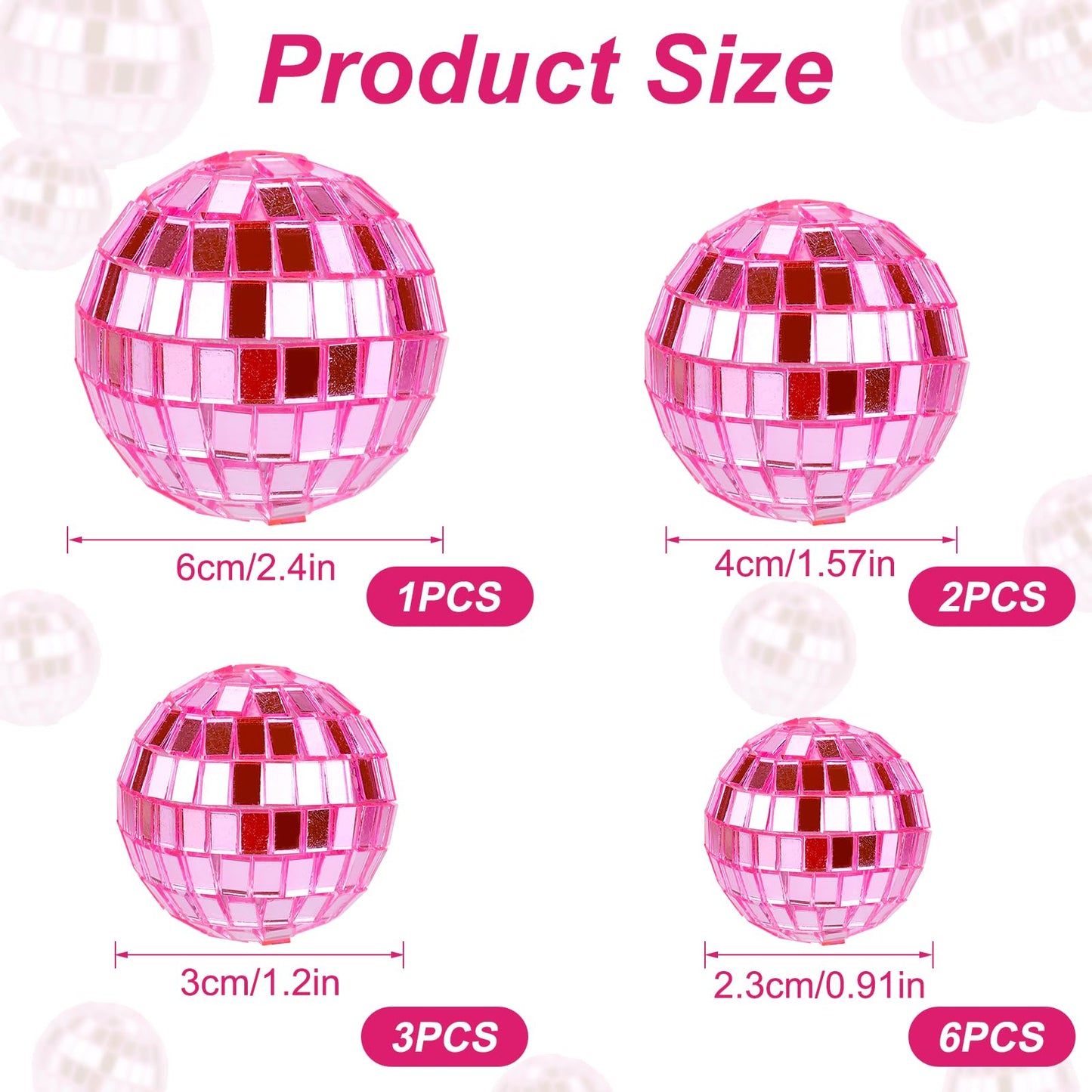 PEUTIER Disco Ball Cake Toppers Set, 12pcs in 4 Sizes, Pink, for Birthday and 70s Theme Parties, Model 04138