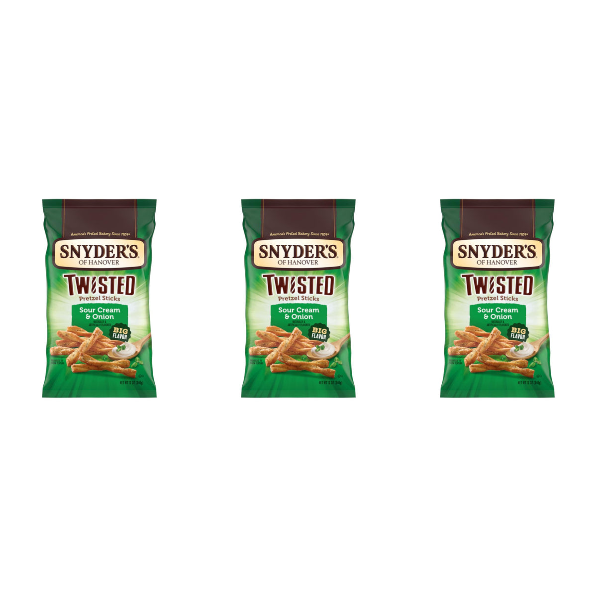 Snyders of Hanover, Sour Cream & Onion Twisted Pretzel Sticks, 12 Oz Bag (Pack of 3)