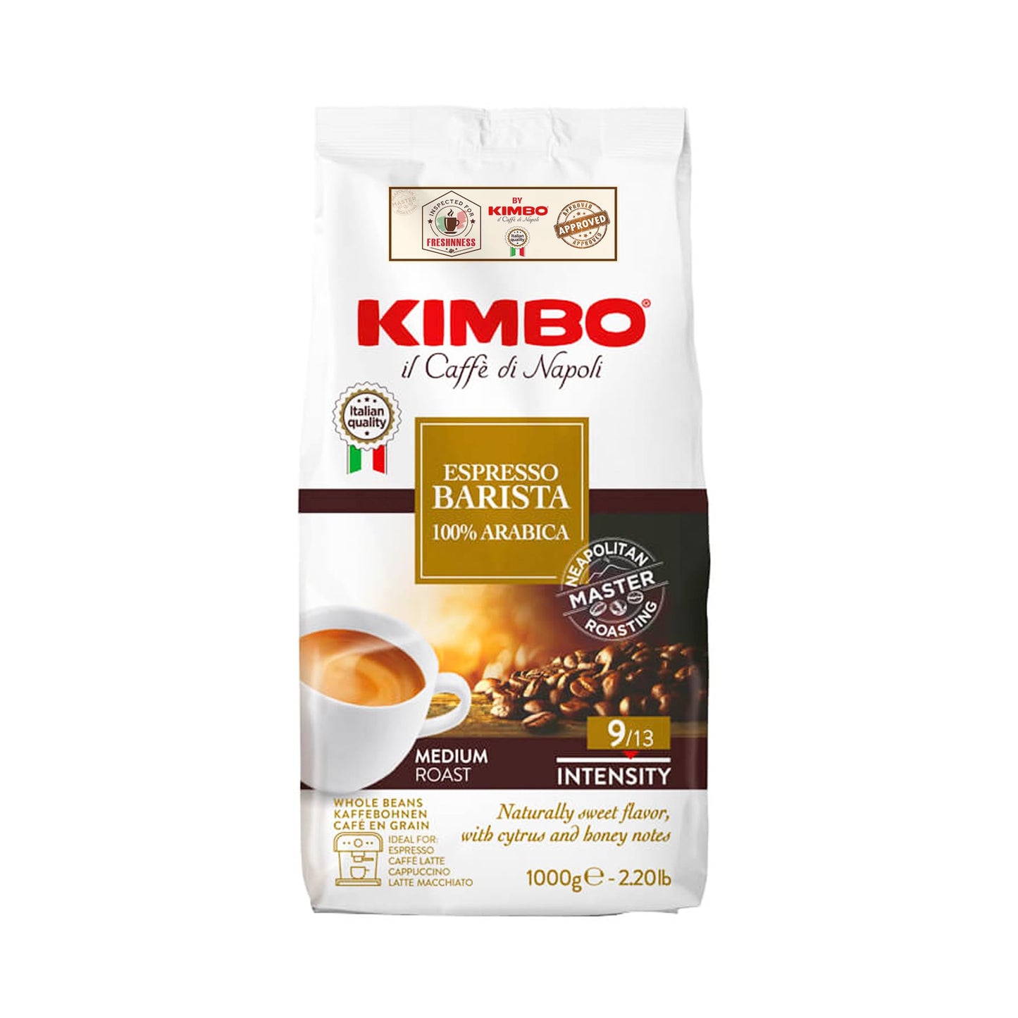 Kimbo Espresso Barista 100% Arabica | Whole Bean Coffee | Medium Roast | 9/13 Intensity | Naturally Sweet Flavor, With Cytrus an