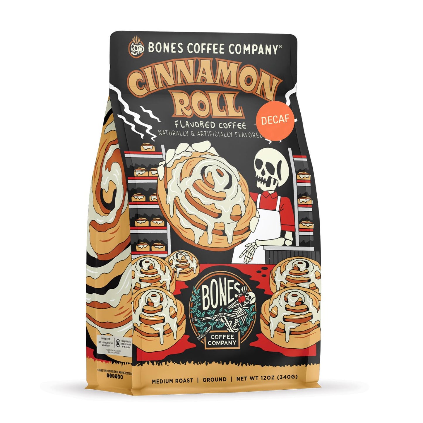 Bones Coffee Company Decaf Sinn O Bun Flavored Coffee, Medium Roast, Low Acid, 12 oz
