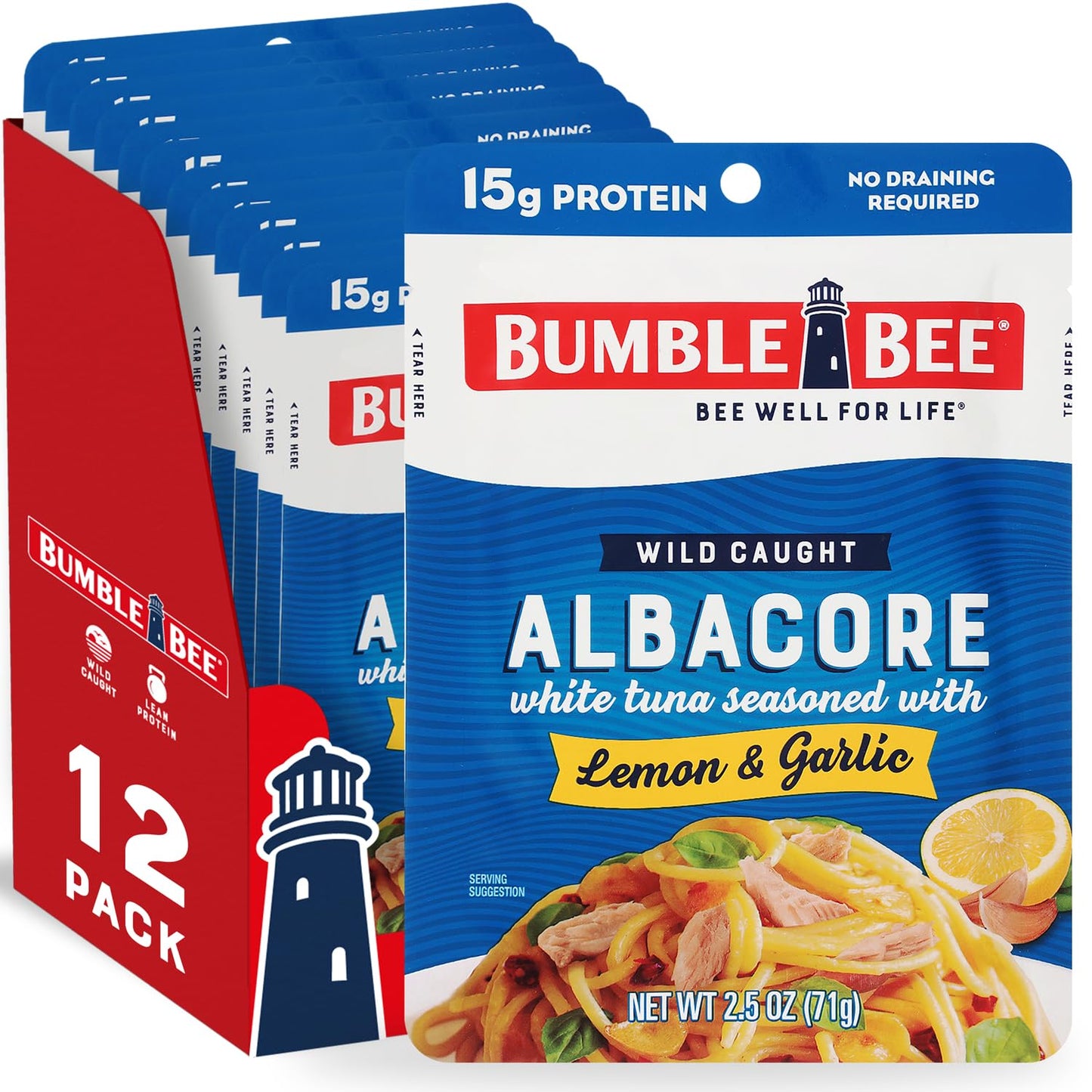 Bumble Bee Albacore Tuna in Water, Lemon & Garlic, 2.5 oz Pouch, Pack of 12, Non-GMO, Gluten Free, High in Omega-3s