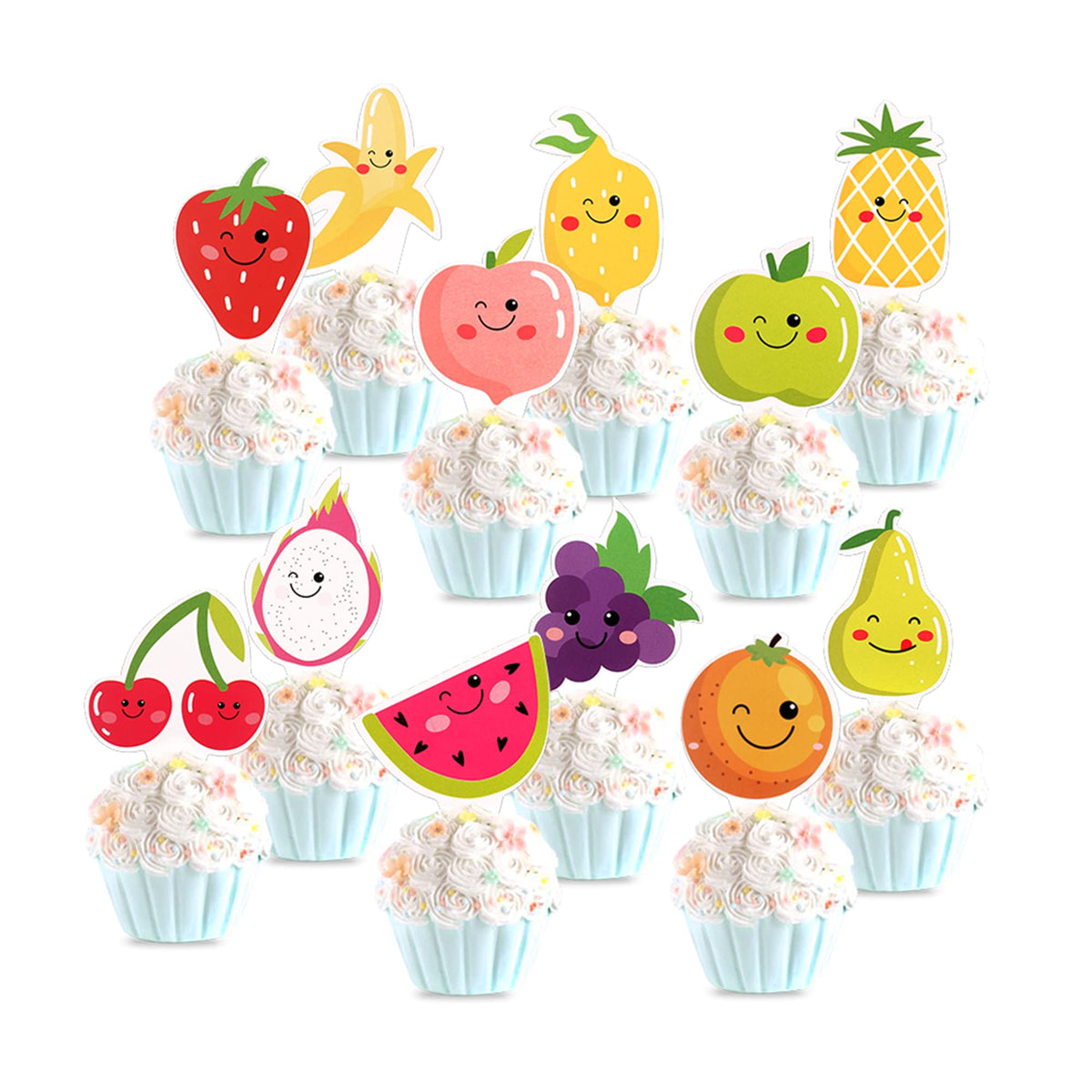 Cyodoos 24Pcs Tutti Fruity Fruit Cupcake Toppers - Tropical Summers Kids Happy Birthday Cake Toppers - Watermelon, Lemon, Strawb