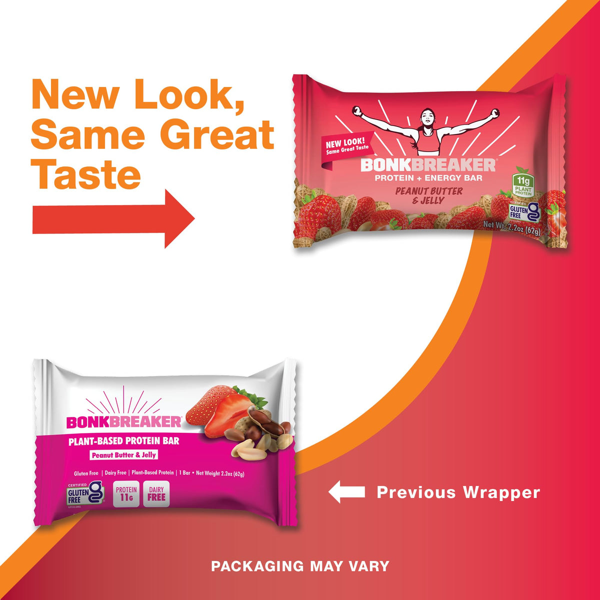Bonk Breaker Plant Based Protein Bars, Gluten Free, Dairy Free, 13G Protein, Peanut Butter And Jelly Flavor, 62G Bar (12 Pack)