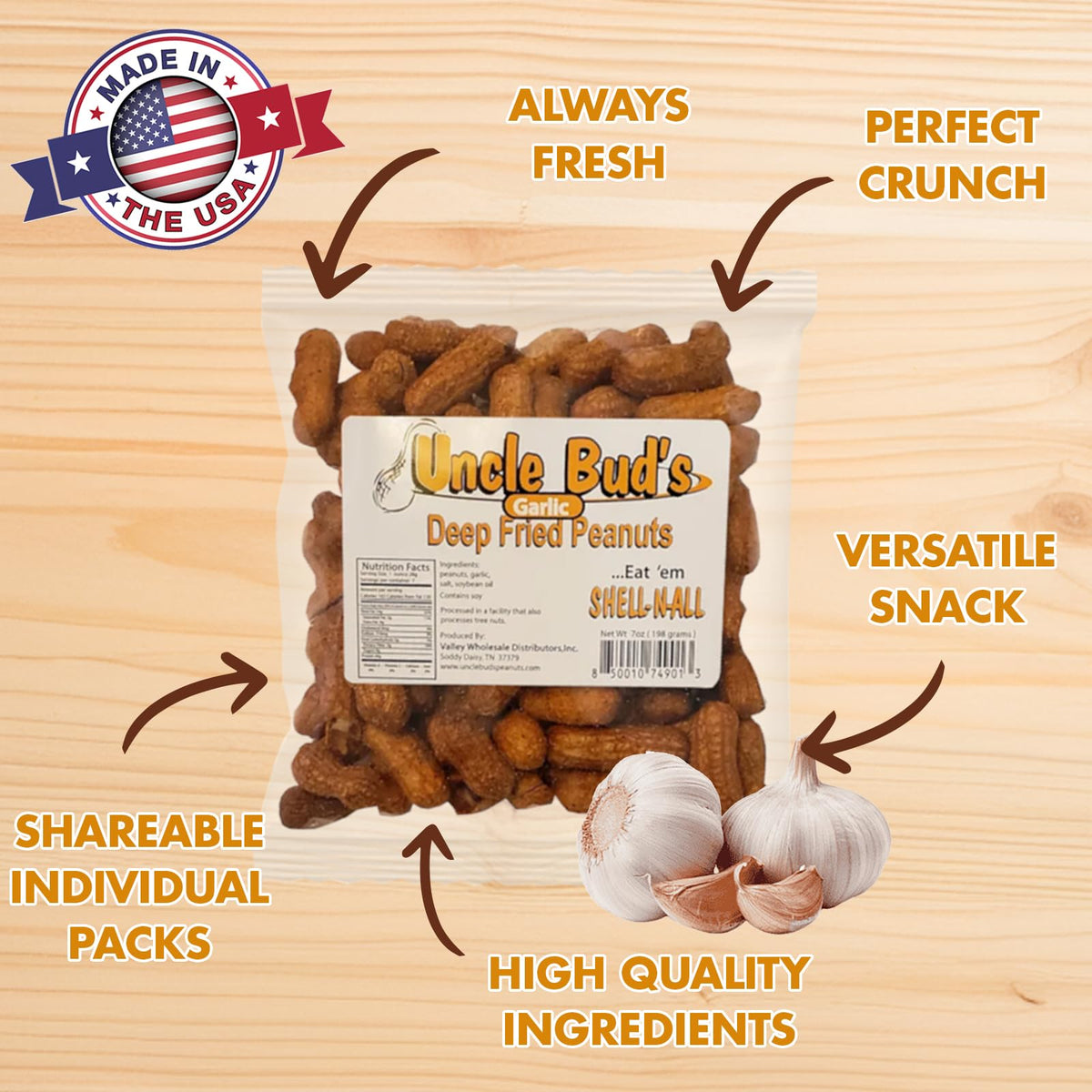 Jerky-n-Spice Uncle Buds Deep Fried Peanuts In Shell 6-Pack - Crunchy Garlic, Hot & Spicy, Organic, Salted Snacks