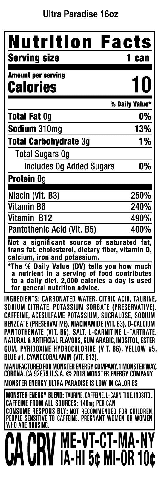 Monster Energy Ultra Paradise Sugar Free Energy Drink, 16 Ounce, 15 Pack, Model U-S1-33319
