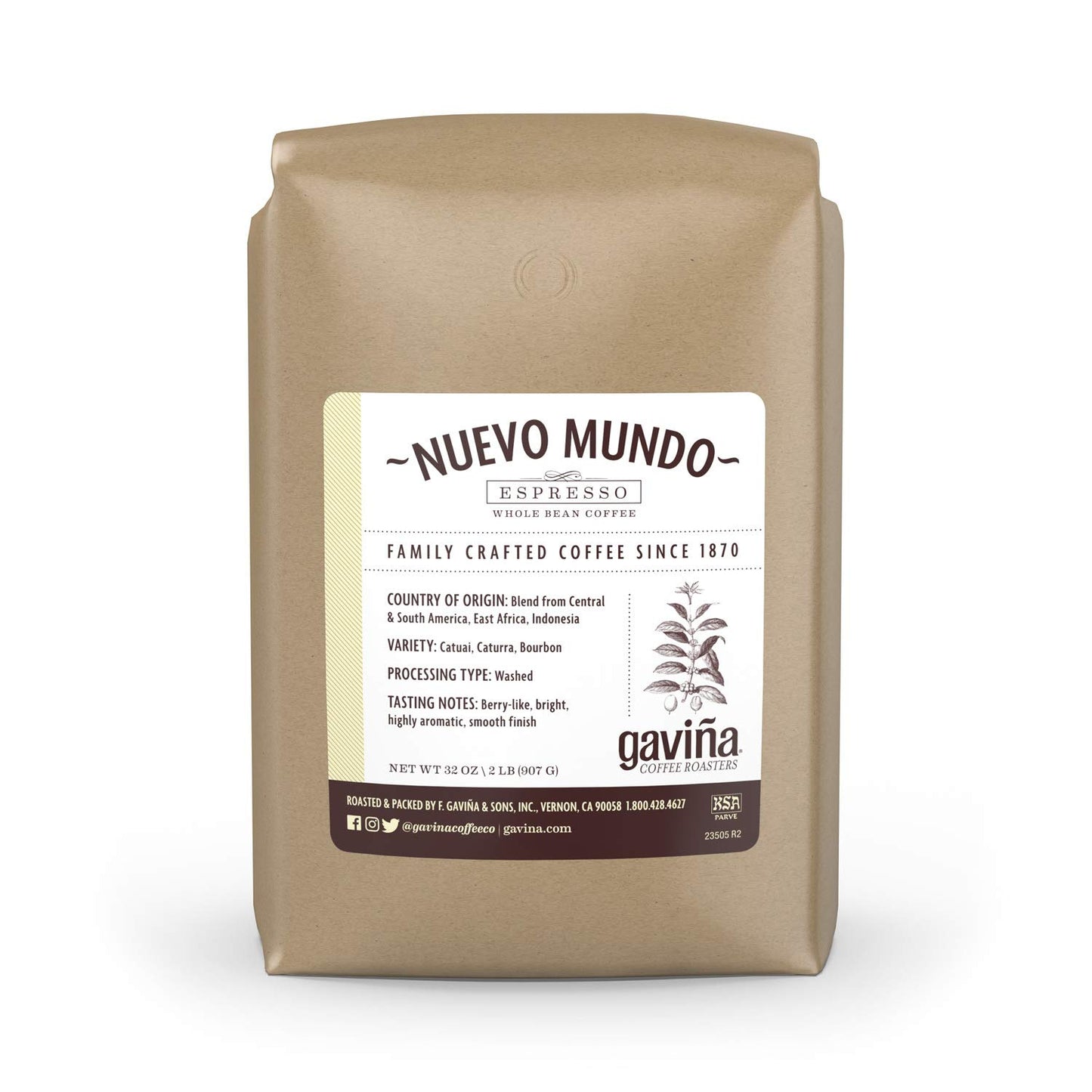 Gavia Nuevo Mundo Espresso Whole Bean, 100% Arabica Coffee, 32 Oz Bag