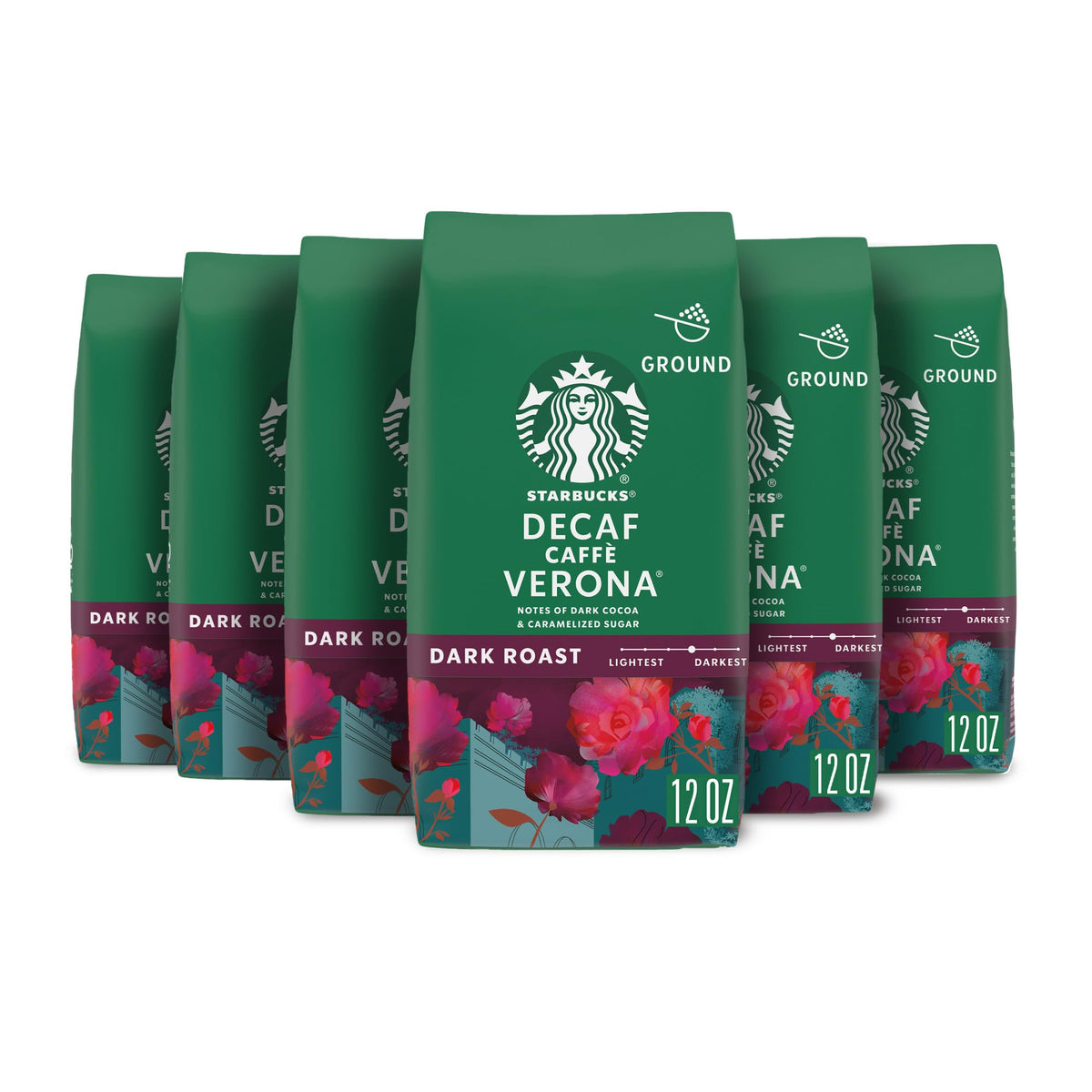 Starbucks Ground Coffee, Dark Roast Decaf Caffè Verona, 12 oz (Pack of 6)