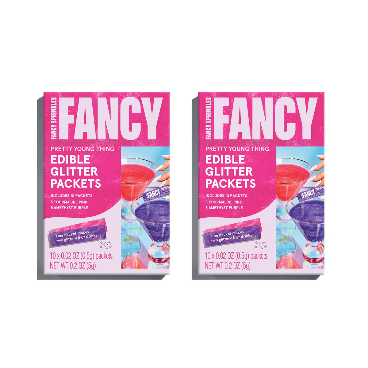 Fancy Sprinkles Edible Glitter Packets, 2 Pack, Tourmaline Pink & Amethyst Purple for Drinks & Cocktails