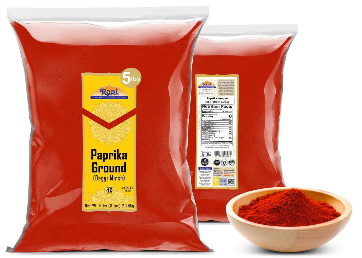 Rani Paprika (Deggi Mirch, Low Heat) Spice Powder, Ground 80Oz (5Lbs) 2.27Kg Bulk ~ All Natural, Salt-Free | Vegan | No Colors |