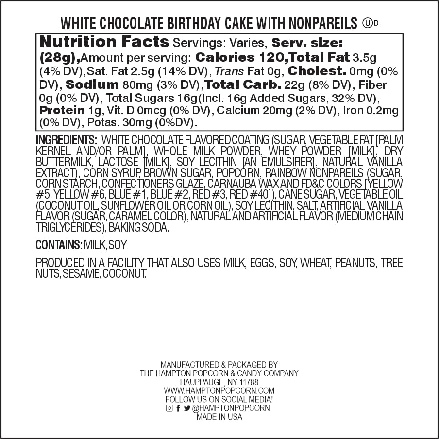 White Chocolate Birthday Cake With Nonpareils Tin, 26 Ounce (1 Gallon Tin), Birthday Gifts, The Hampton Popcorn & Candy Company